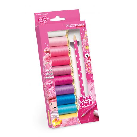 Coffret de 10 bobines de fil tout coudre 100m Cute and Pink + 1 crayon craie