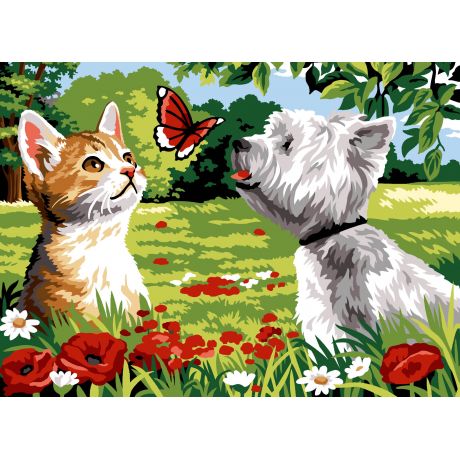 Canevas 45/60 - Le chien, le chat et le papillon
