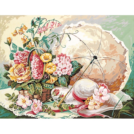 Canevas 60/80 - Ombrelle, chapeau et fleurs