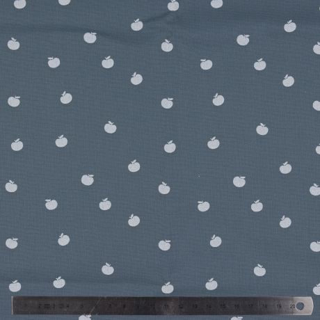 Tissu popeline de coton imprim pommes gris bleu