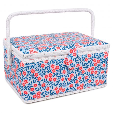 Boite  couture motif fleurs rouge bleu