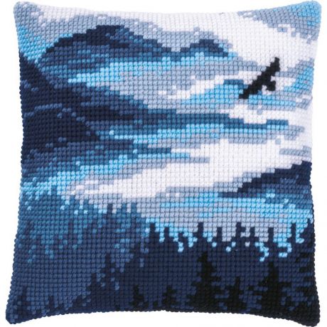 Kit coussin au point de croix paysage bleu