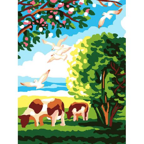 Kit canevas blanc 25/30cm - Vache au printemps