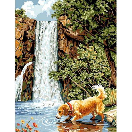 Canevas Luc antique 50/65 - chien � la cascade